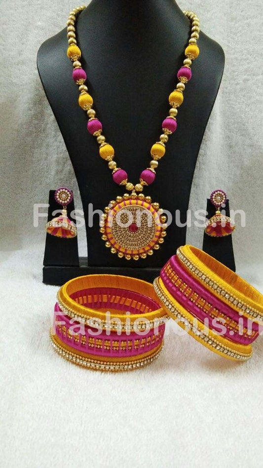 Pink and Yellow Silk Thread Jewellery Set-STJSW-076