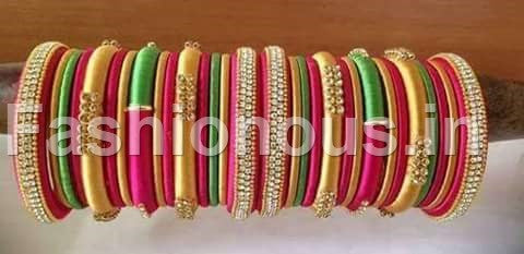 Pink and green silk thread bangles Clearance