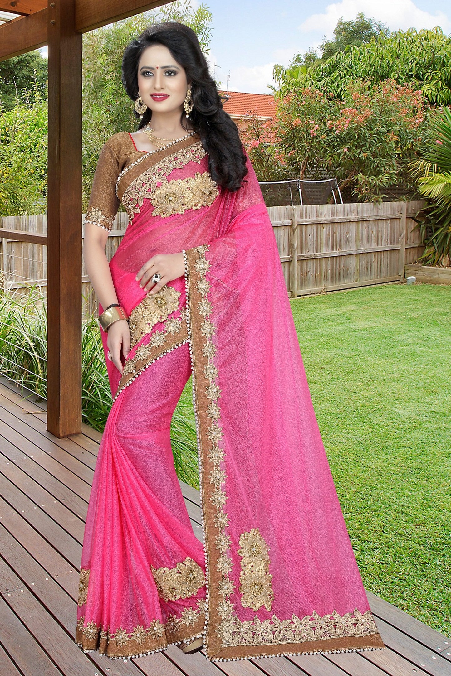 Pink colour Embroidery Patch Work Saree-SRP-GS-03