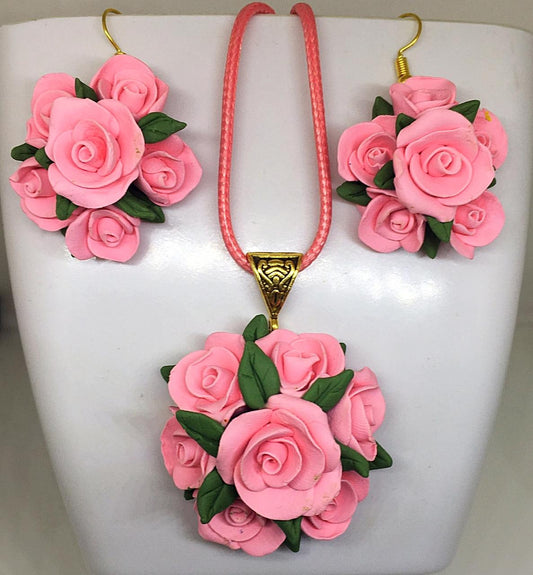Pink With Green Flower Polymer Clay Pendant And Earrings