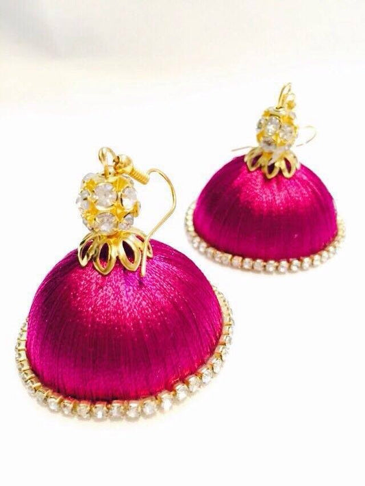 Pink stone studded Silk thread jhumkas