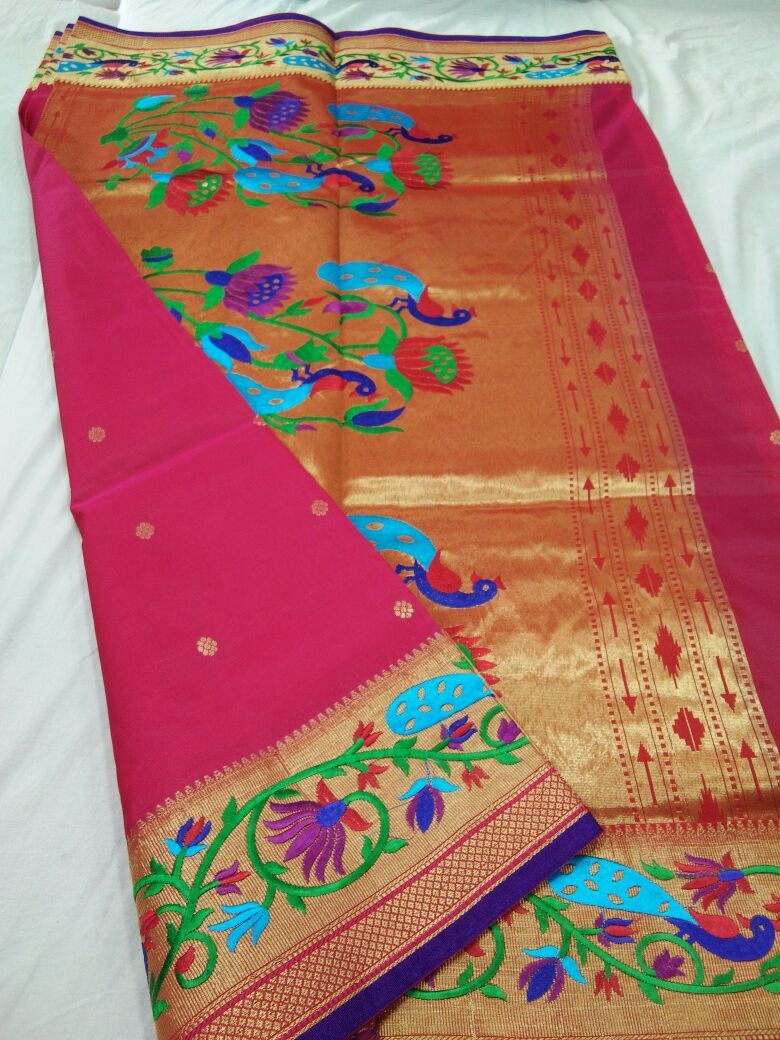 Pink with Blue Border Peacock Designed Pallu Paithani Saree-PAITHANI-086
