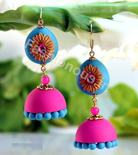 Pink with Blue Golden Floral Jhumka-ZAPCJH-023