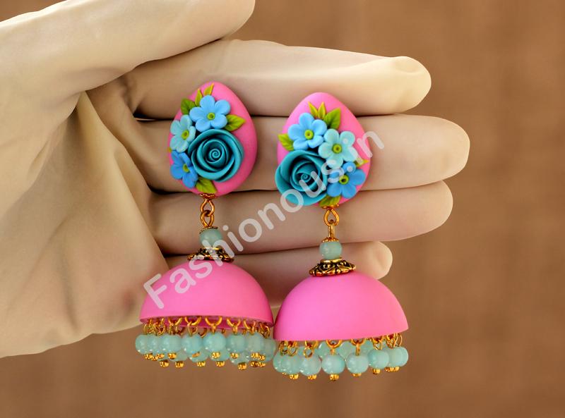 Pink with Blue Rose Floral Jhumka-ZAPCJH-015