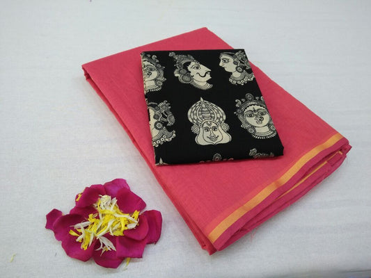Pink with Face Designed Blouse Fancy Cotton Saree-SRE-758