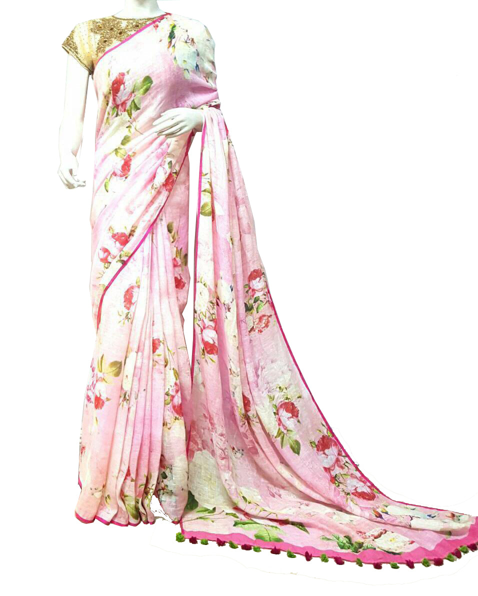 Pink with Floral Printed Linen Saree