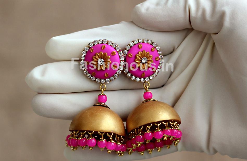 Pink with Golden Floral Jhumka-ZAPCJH-011