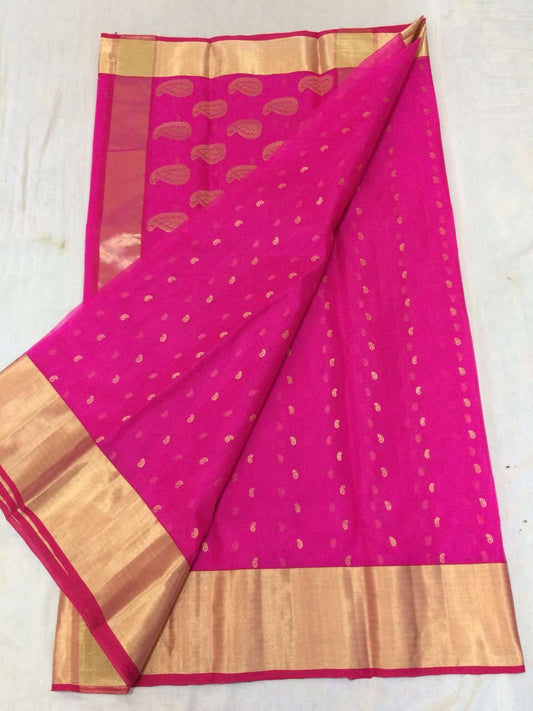 Pink with Golden Mango Designed Zari Border Chanderi Silk Saree-CHANSRE-086