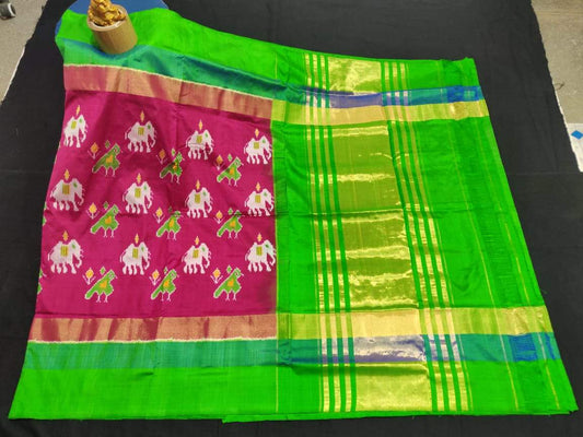 Pink with Green Border and Pallu Pure Ikkat Silk Saree