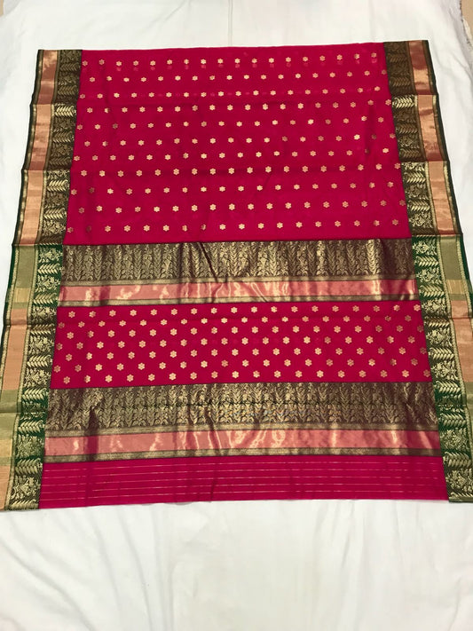 Pink with Green Leaf Designed Border Chanderi Silk Saree-CHANSRE-074