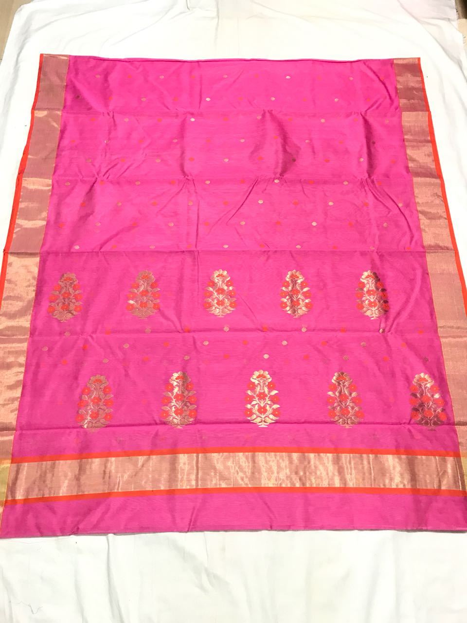 Pink with Orange Dot Zari Border Chanderi Silk Saree-CHANSRE-020