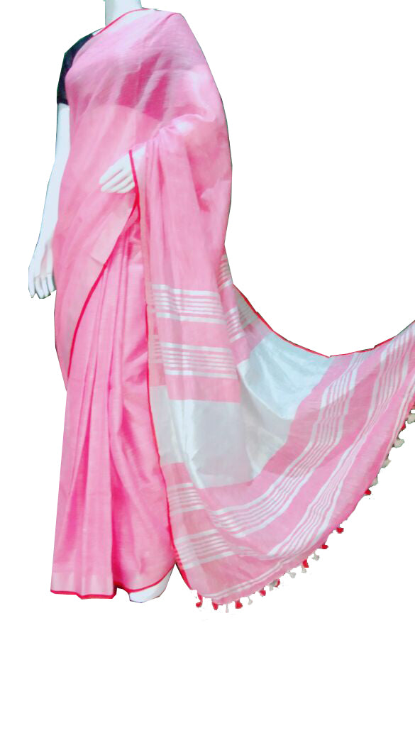 Pink with Red Border Linen Saree
