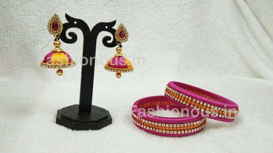 Pink with Yellow Stone Worked Silk Thread Bangle Pair with Jhumka-STJSW-045
