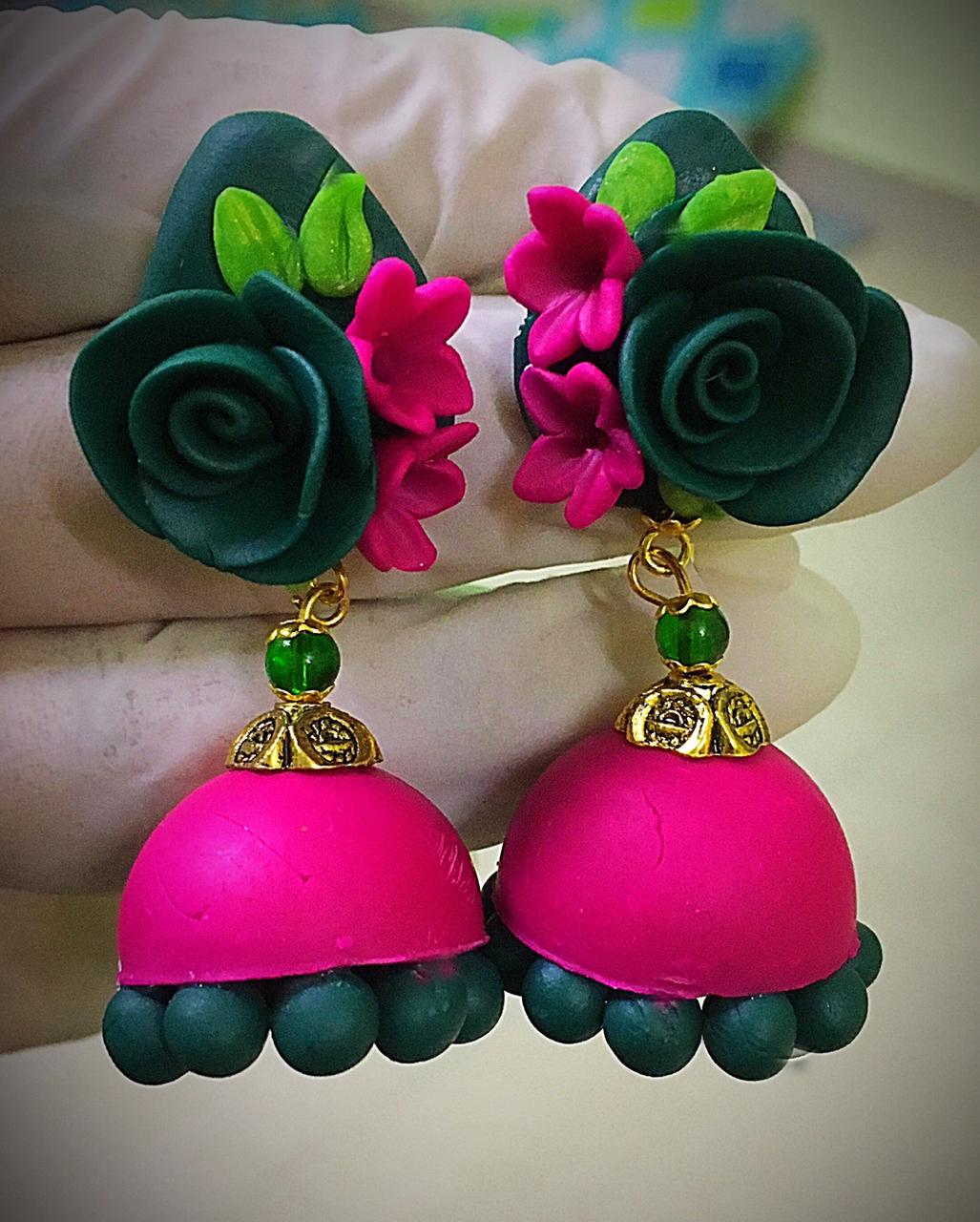 Seaweed Green With Pink Floral Polymer Clay Jhumka