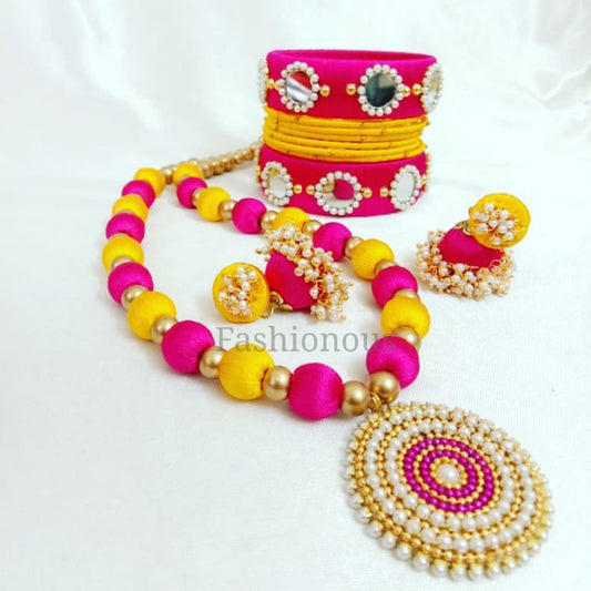Pink and Yellow Silk Thread Jewelry Set