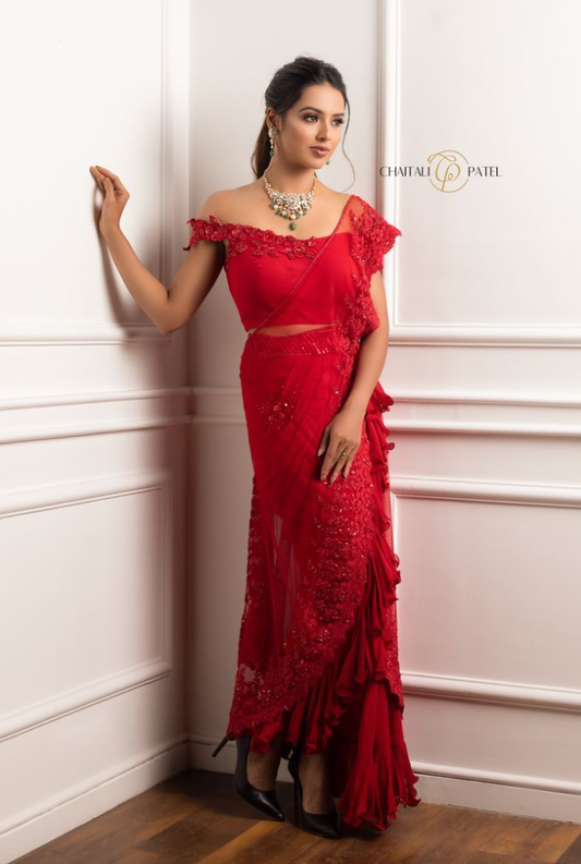Pre Pleated Saree Red