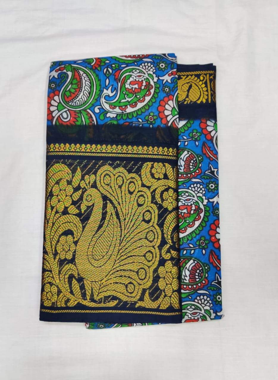 Printed Madurai Sungudi Saree with Peacock Motif Border