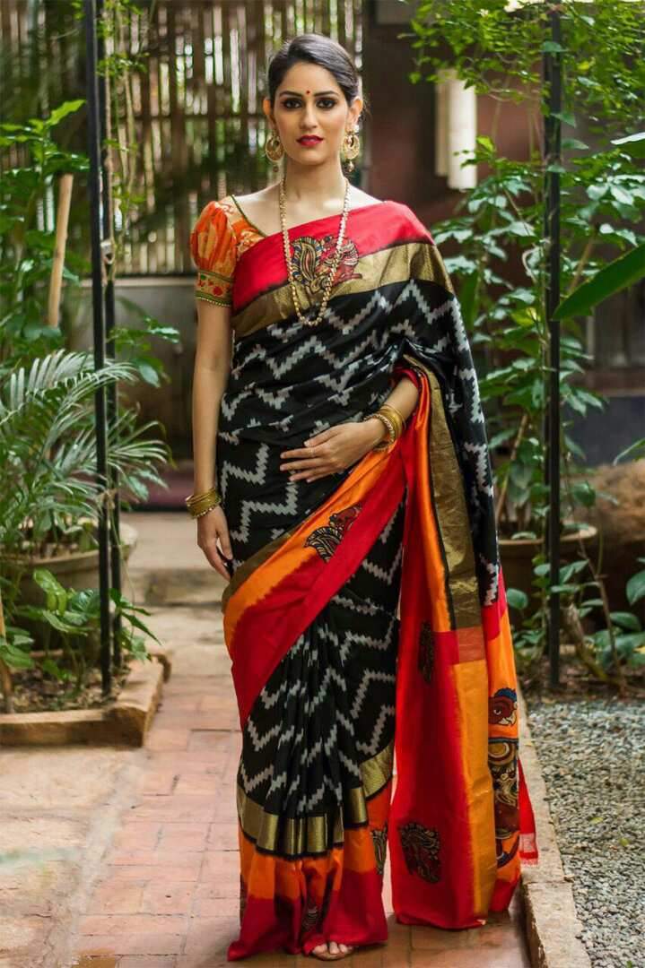 Royal Raven Pure Ikat Silk Saree-001 Black and red coloured grand saree