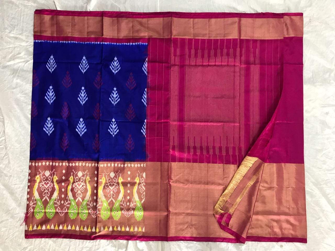 Blue-Purple Orchid Pure Ikat Silk Saree-010 Blue and magenta coloured traditional saree
