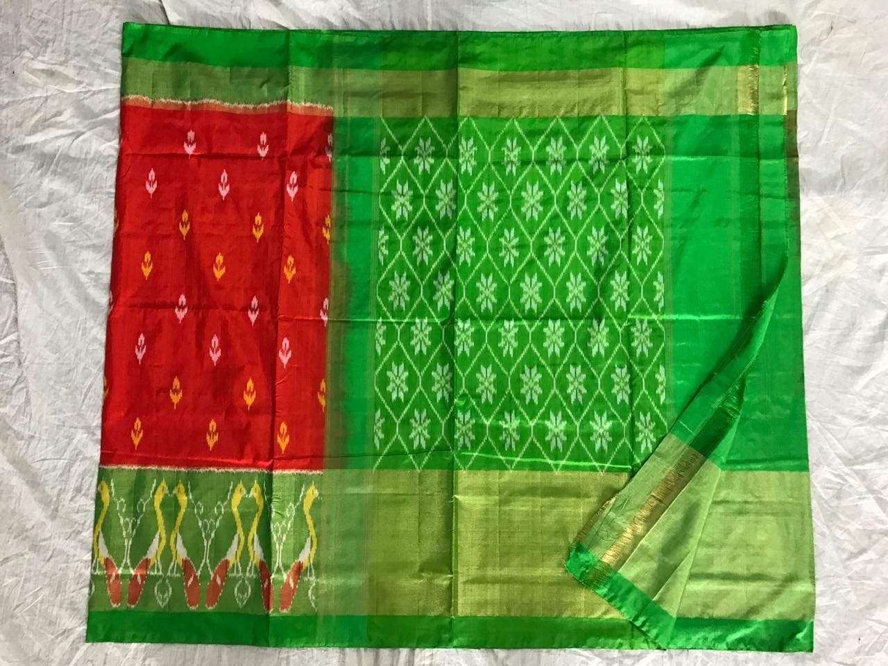 Kelly Classic Pure Ikat Silk Saree-011 Red and green coloured traditional saree