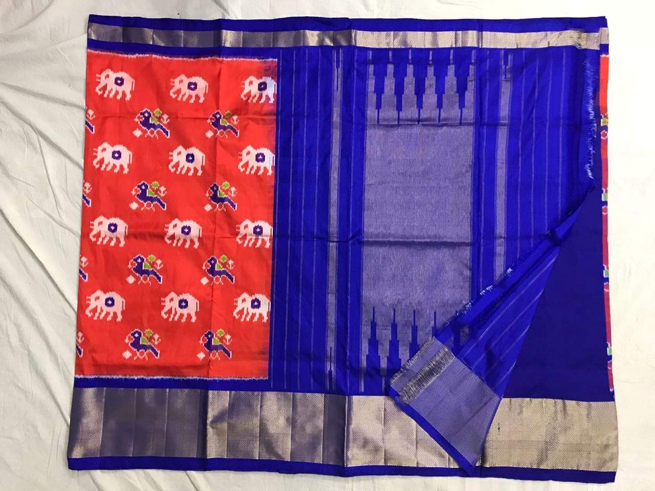Red Ruby Pure Ikat Silk Saree-013 Red and blue coloured attractive saree