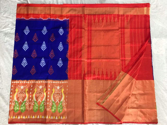 Bright Blueberry Pure Ikat Silk Saree-017 Red and blue coloured traditional saree