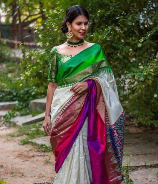 Pearly White Pure Ikat Silk Saree-018 White and purple coloured grand saree