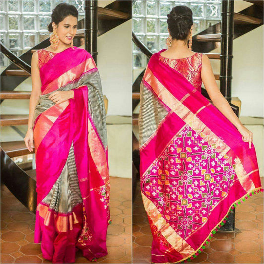 Dancing Dove Pure Ikat Silk Saree-024 Grey ad magenta coloured partywear