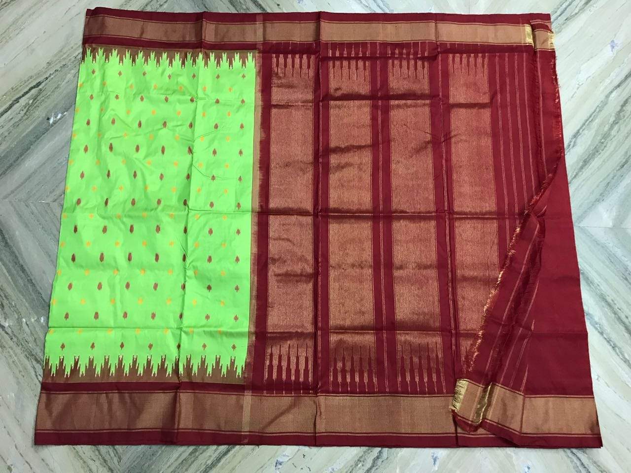 Lime Lush Pure Ikat Silk Saree-025 Light green and maroon coloured traditional saree 