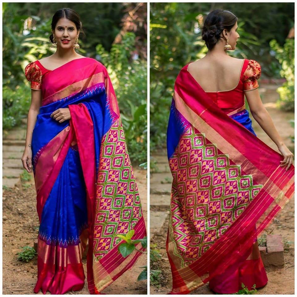 Bluestar Beauty Pure Ikat Silk Saree-027 Blue & magenta partywear sari