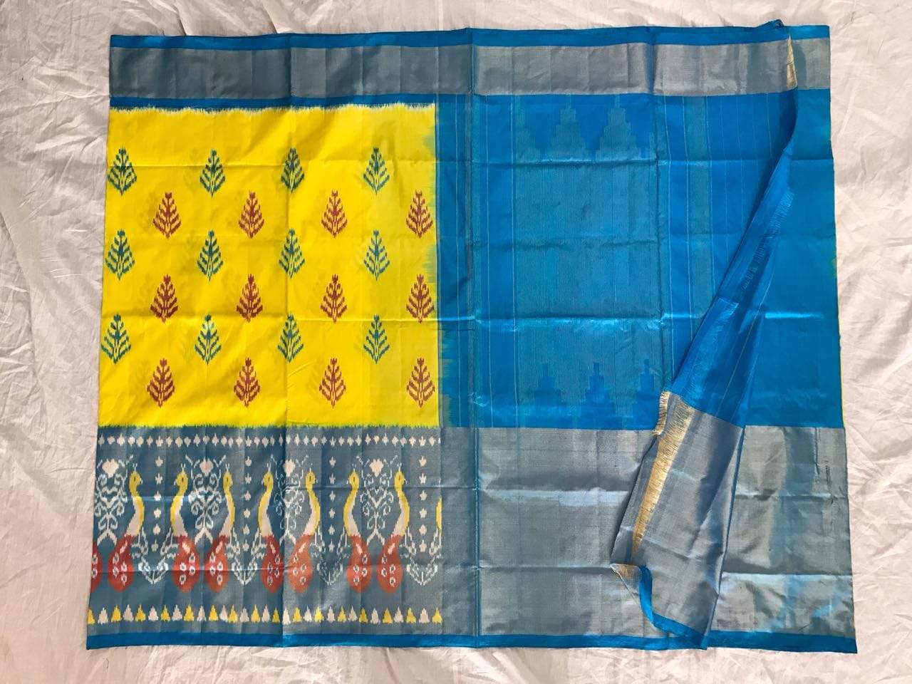 Honey sweet Pure Ikat Silk Saree-029 Yellow and blue coloured partywear saree 