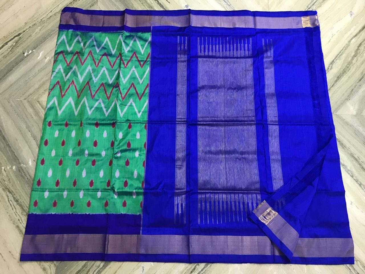 Seafoam Secret Pure Ikat Silk Saree-030 Dark blue and green coloured lightweight saree