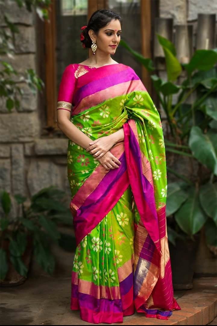 Parakeet Pure Ikat Silk Saree-031 Green coloured traditional saree