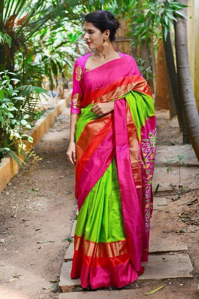 Dahlia Love Pure Ikat Silk Saree-032 Green and magenta coloured attractive saree