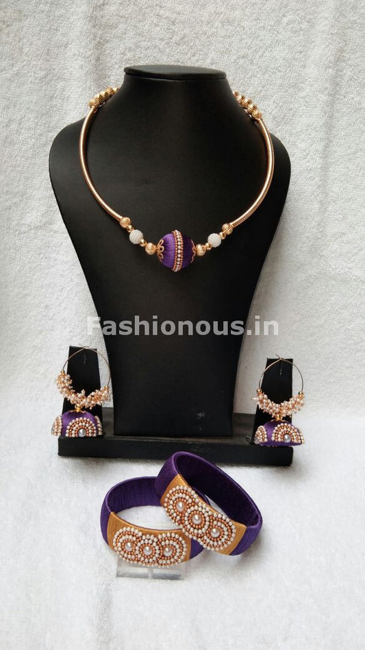 Purple Ball Pendant White Beaded Silk Thread Jewellery Set-STJS-015