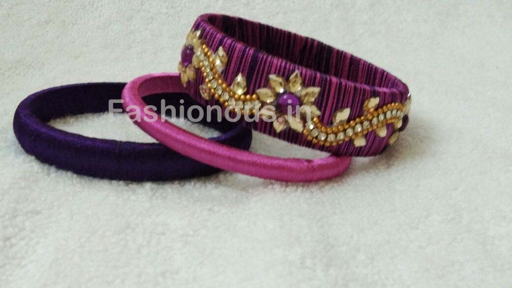 Purple Floral Stone Worked Silk Thread Bangle Set-STJSW-064