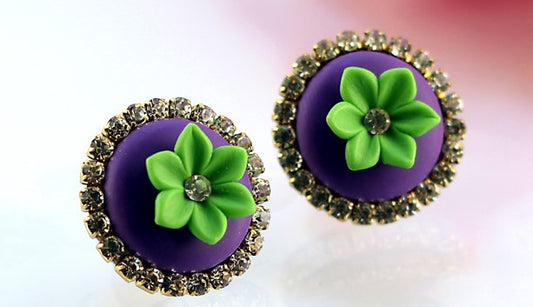 Purple Green Rhinestone Polymer Clay Studs