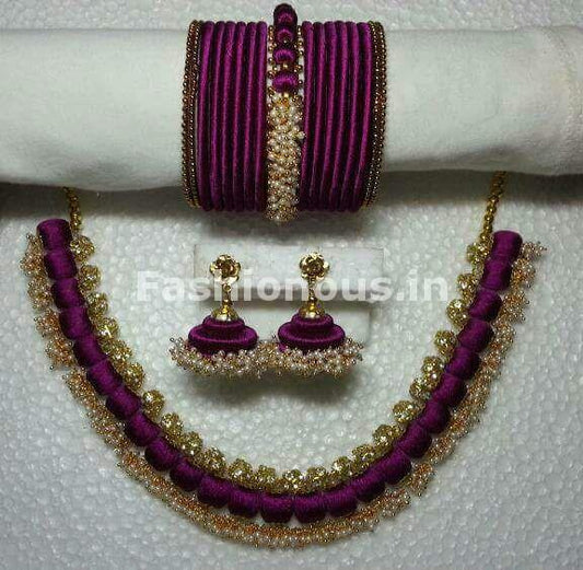 Purple Silk Balls with Beaded String Silk Thread Jewellery Set-STJS-036