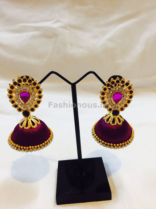Purple Stone Studded Droplet Silk Thread Jhumkas-STJH-022