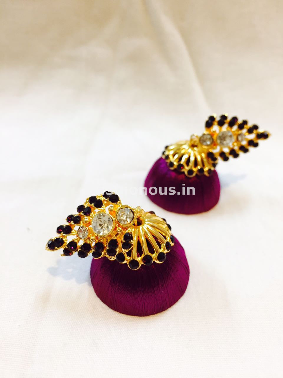 Purple Stone Studded Leaf Silk Thread Jhumkas-STJH-036