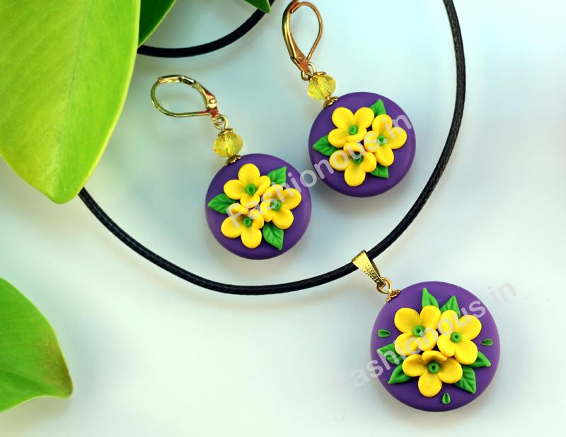 Purple Yellow Floral Necklace and  Earrings-ZAPCNS-036