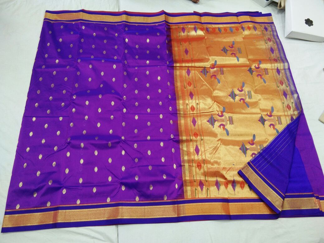 Purple and Blue Border with Golden Peacock Pallu Semi Paithani Saree-PAITHANI-099