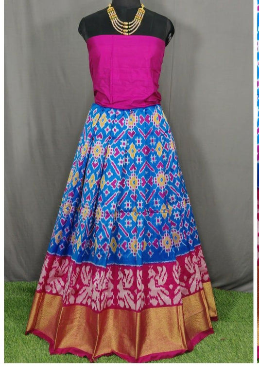 Purple and Dark Blue Ikkat Pure Silk Lehenga