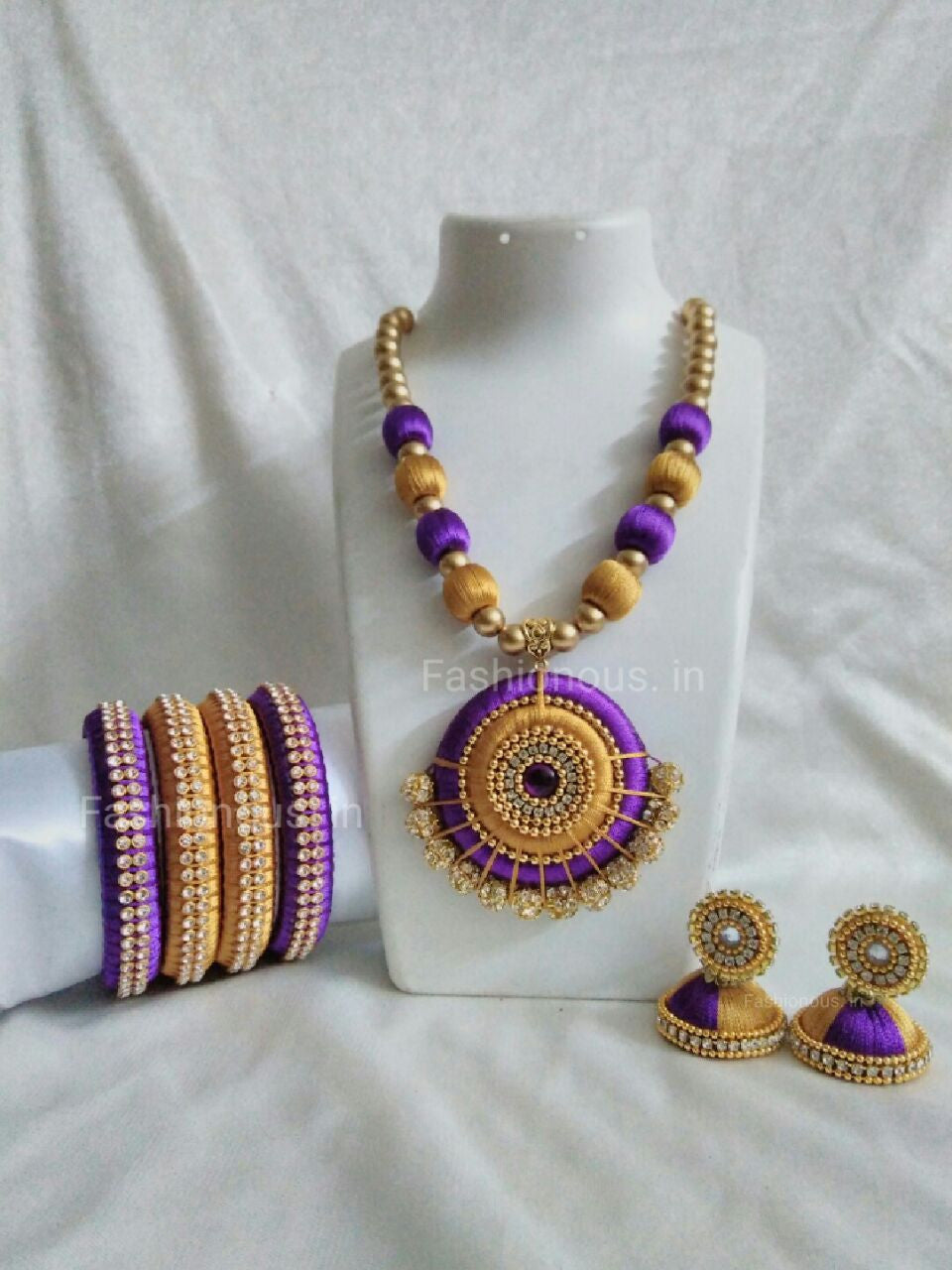Purple and Golden Silk Thread Jewellery Set