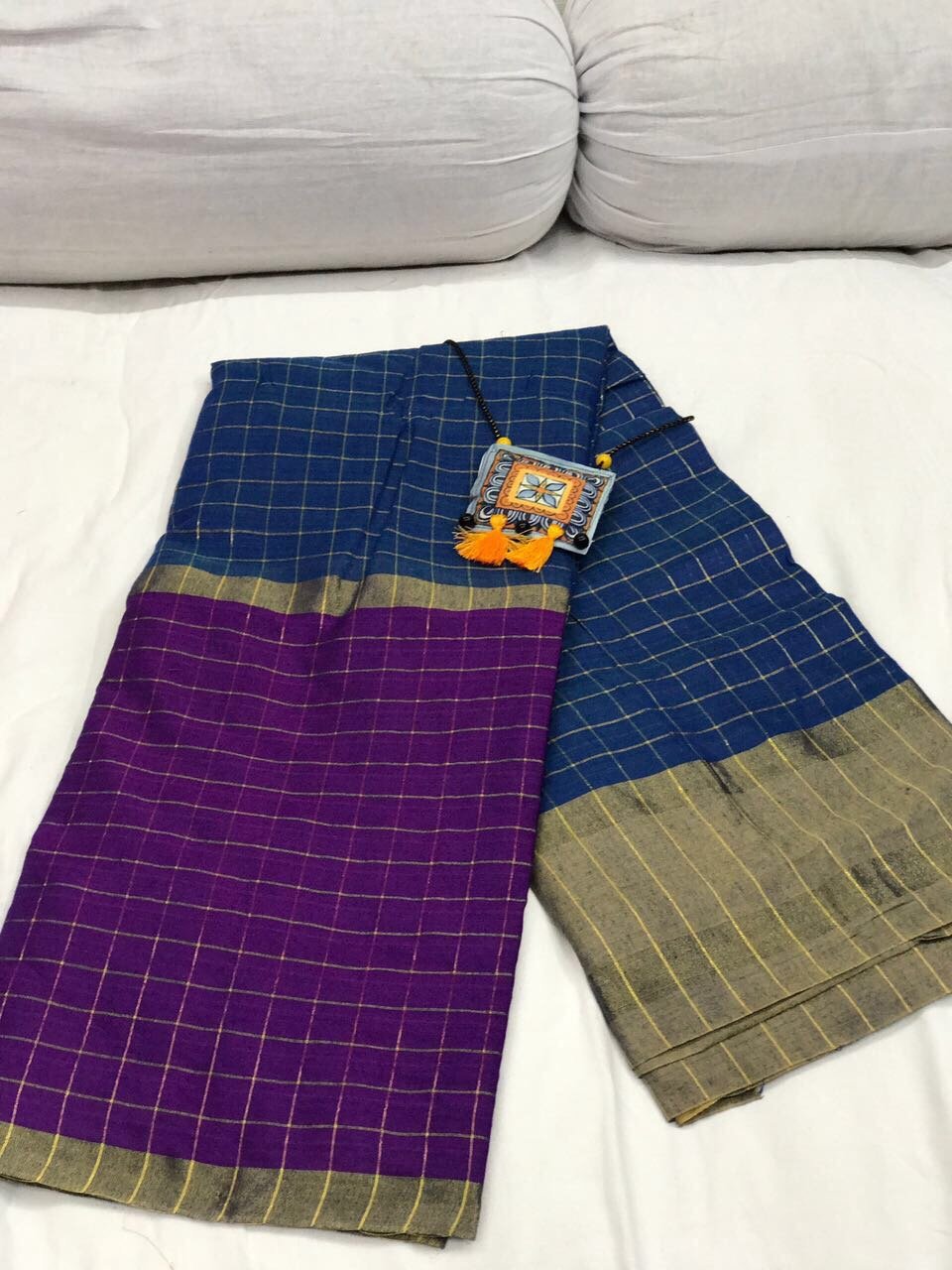 Purple and Navy Blue Checked Silk Cotton Saree-SRE-256