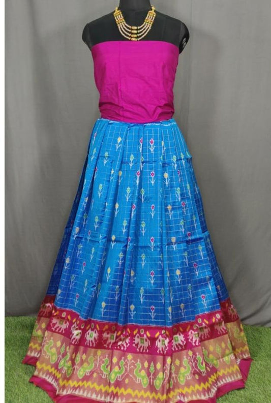 Purple and Sky Blue Ikkat Pure Silk Lehenga