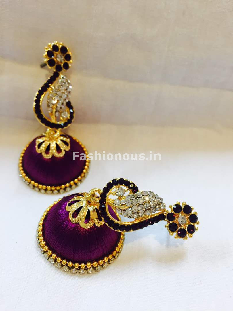 Purple and White Stone Studded Peacock Neck Floral Silk Thread Jhumkas-STJH-043