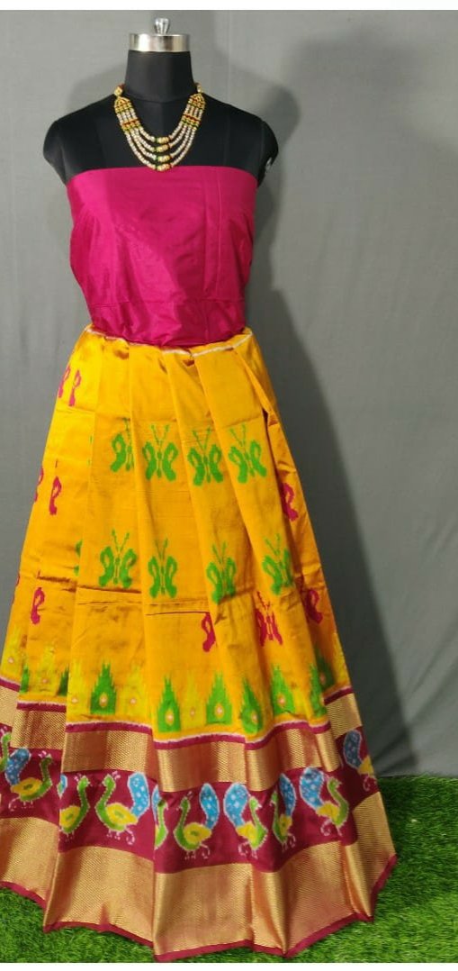Purple and Yellow Ikkat Pure Silk Lehenga