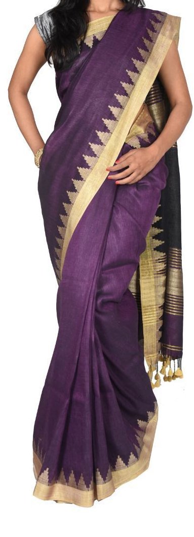 Purple with Golden Gopuram Border Linen Saree-LNSRE-048