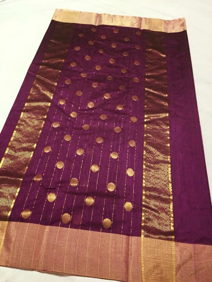Purple with Golden Stripped Dotted Zari Border Chanderi Silk Saree-CHANSRE-056